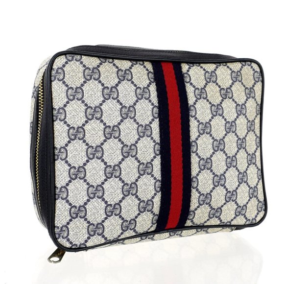 Vintage GUCCI Supreme Web GG Monogram Canvas and Leather Toiletry Travel Zip Bag - Picture 1 of 12